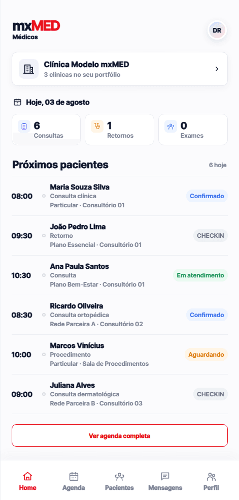 Tela inicial do APP mxMED para médicos